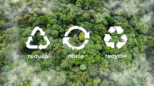 Reduce, reuse, recycle text with green trees background.