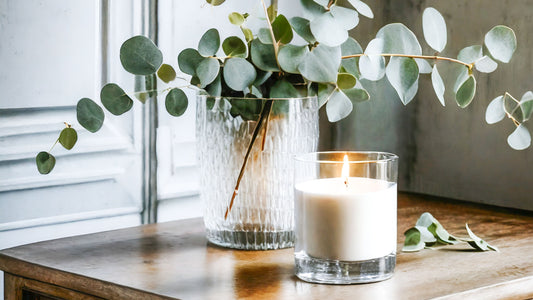 Scented soy wax blend candle on wood table with glass vase filled with eucalyptus stems.