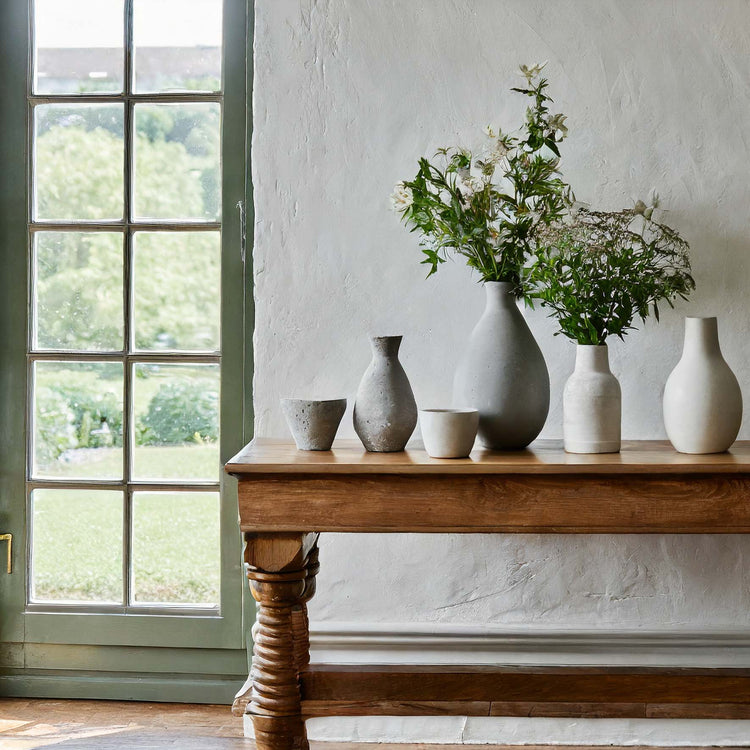 White and gray textured ceramic and cement vases on rustic table.