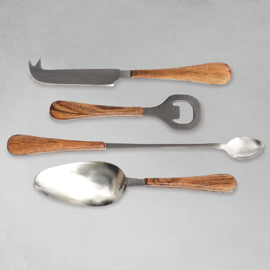 Barware tools set in stainless steel and acacia wood with gray background.