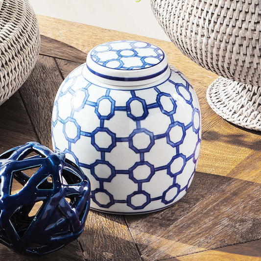 Blue and white link pattern lidded ceramic jar - stylish home accent (Image5).