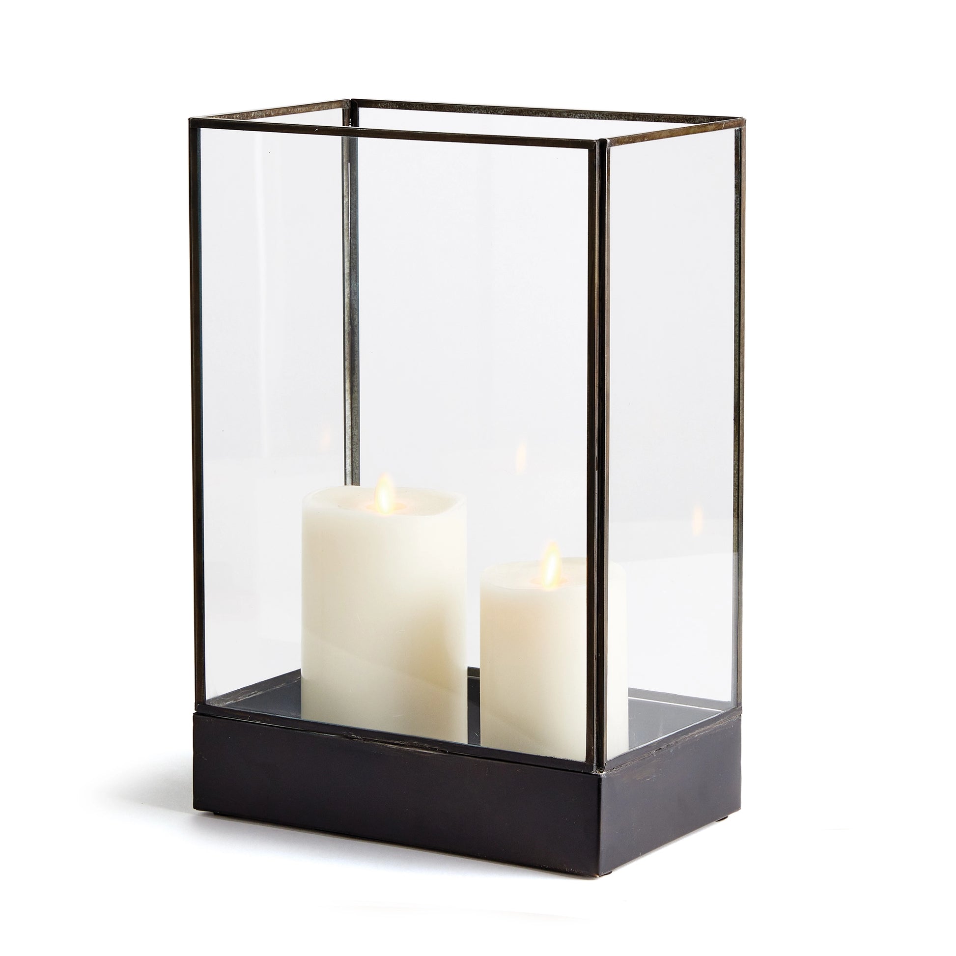 Large black brass hurricane candle holder with light gray background.