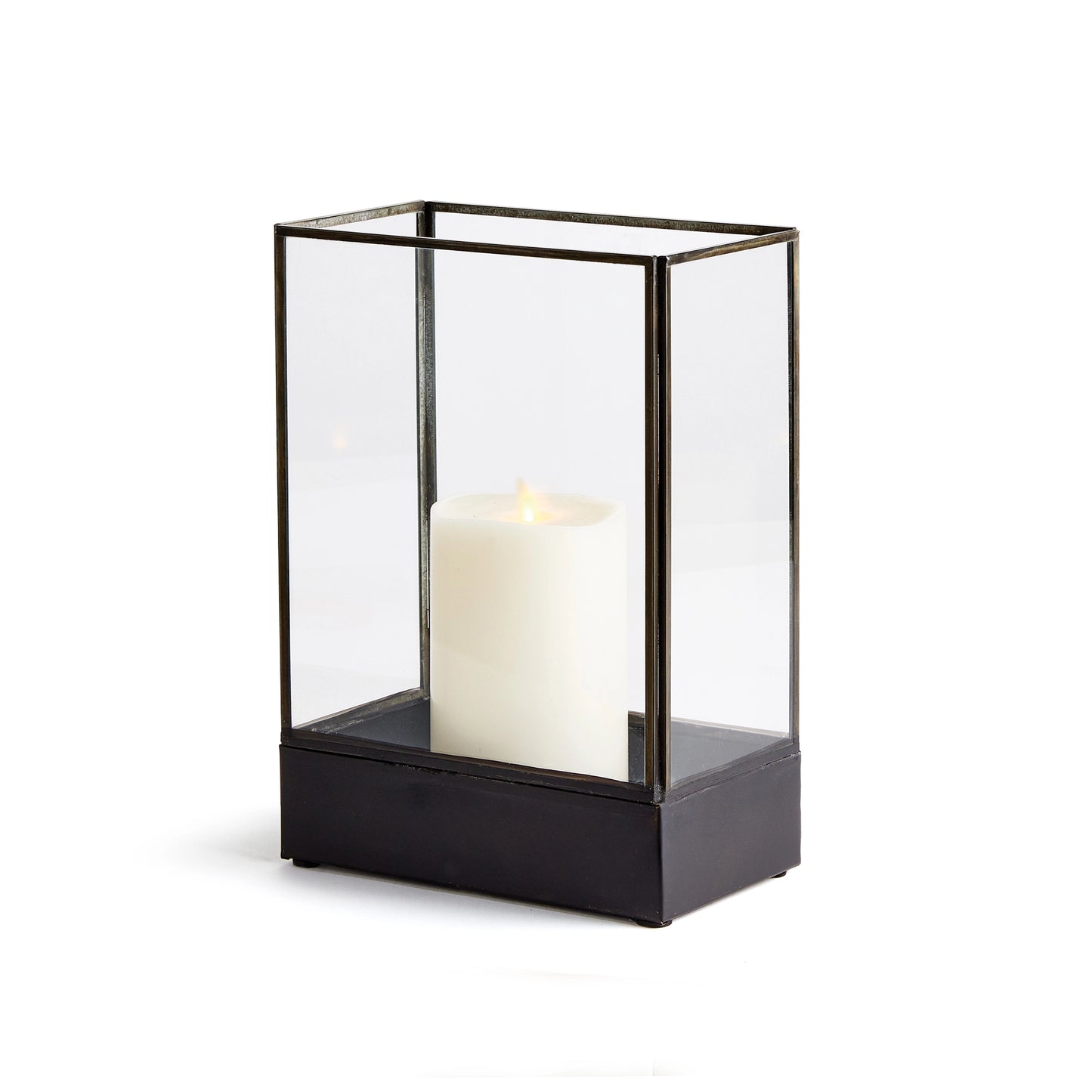 Small black brass hurricane candle holder with light gray background.