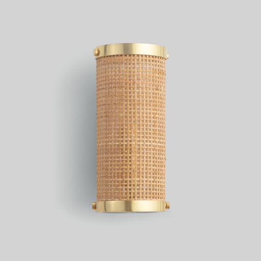 Wall-mounted light fixture with gold trim and textured glass on a gray background.
