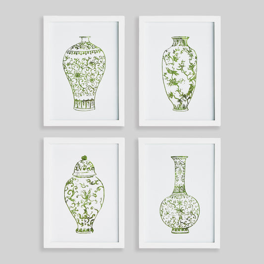Chinoiserie green and white gallery wall art set on gray wall.
