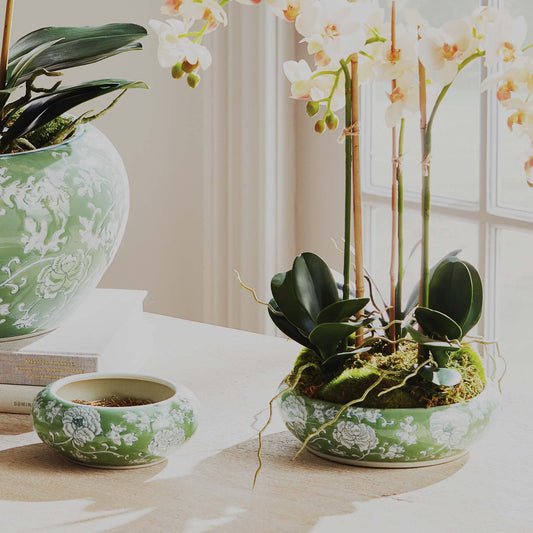 Chinoiserie green ceramic low pots (set of 2) - stylish home accent (Image1).