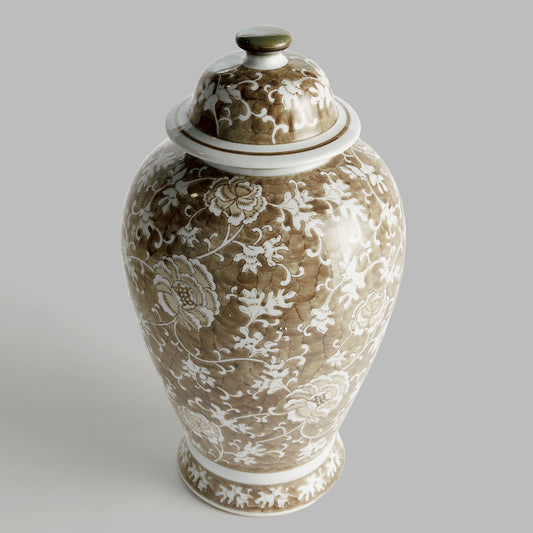 Chinoiserie taupe ceramic lidded ginger jar - stylish home accent (Image1).