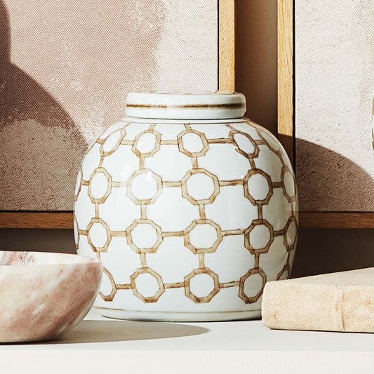 Chinoiserie taupe ceramic lidded jar - stylish home accent (Image1).