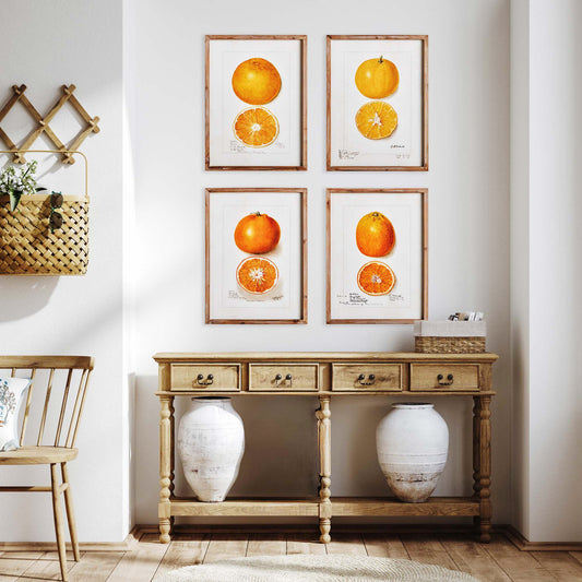 Citrus gallery wall art set stylized over wooden console table, white earthen jars.