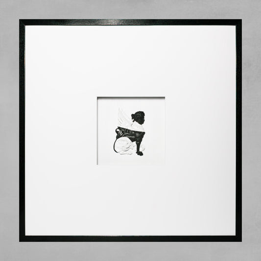 Contemporary framed black and white griffin artwork on gray textured background.