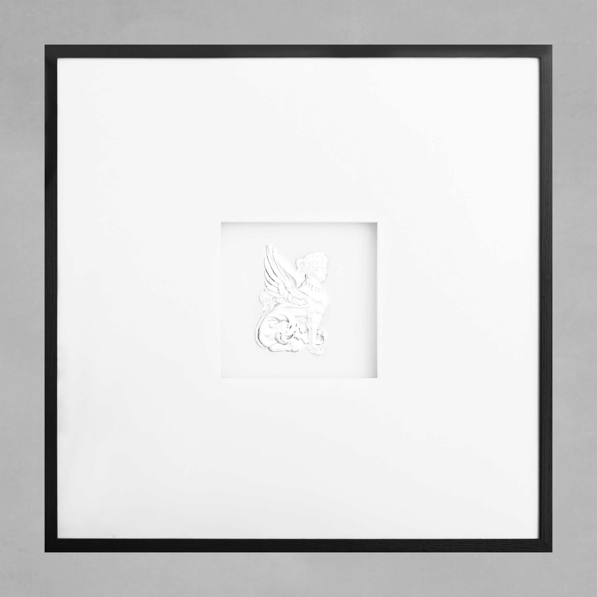 Contemporary framed griffin artwork with gray background.