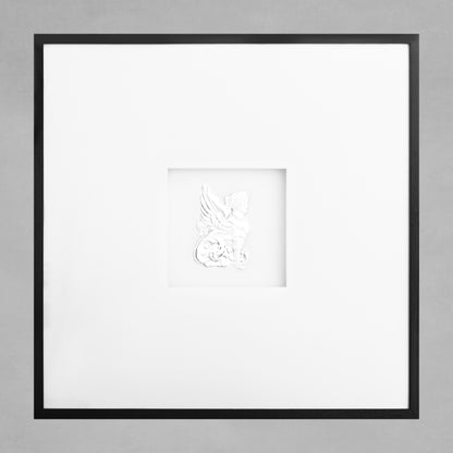 Contemporary framed griffin artwork with gray background.