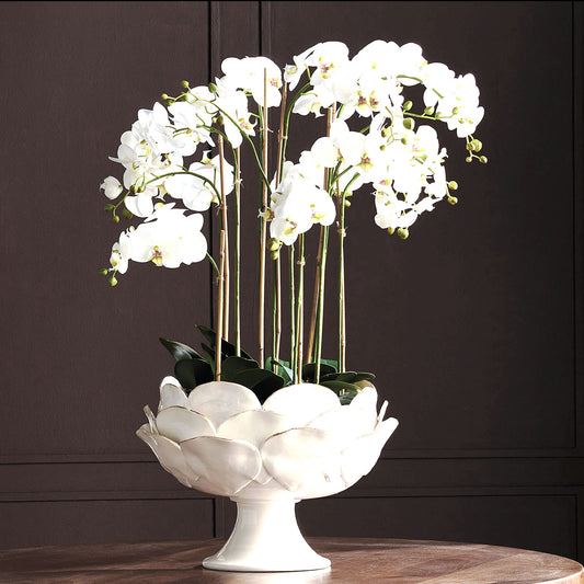 Grande white handcrafted ceramic footed decorative bowl - stylish home accent (Image3).