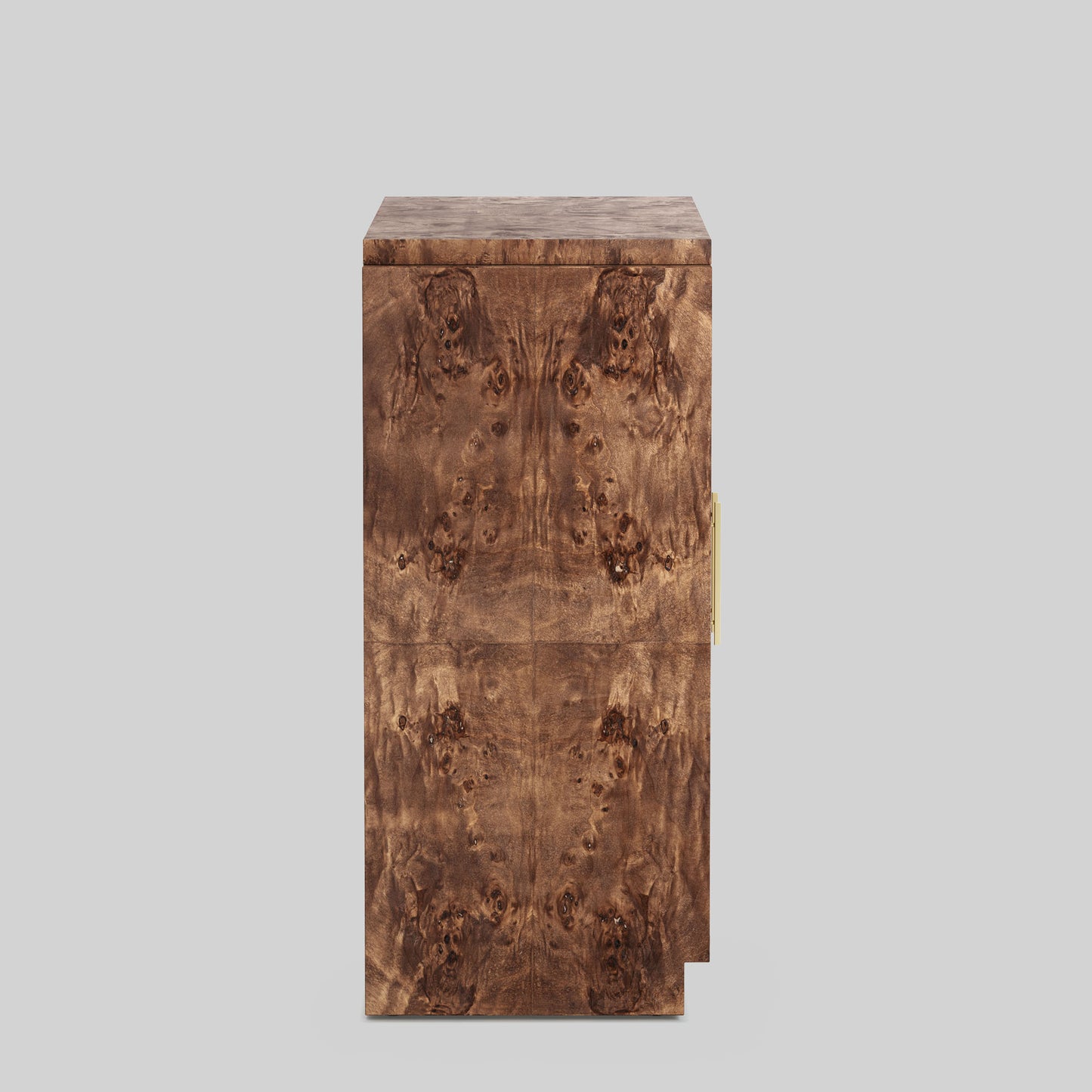 Dark burl wood sideboard on gray background.