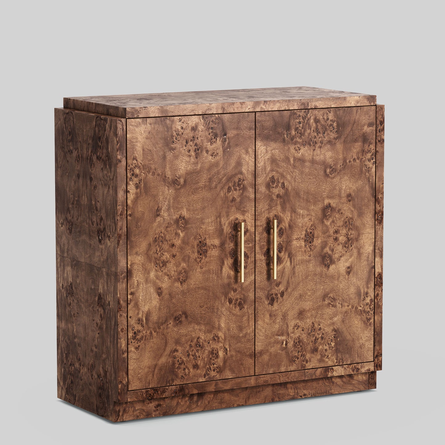 Dark burl wood sideboard on gray background.