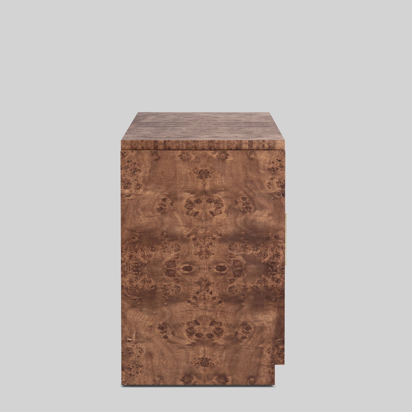 Dark burl wood sideboard on gray background.
