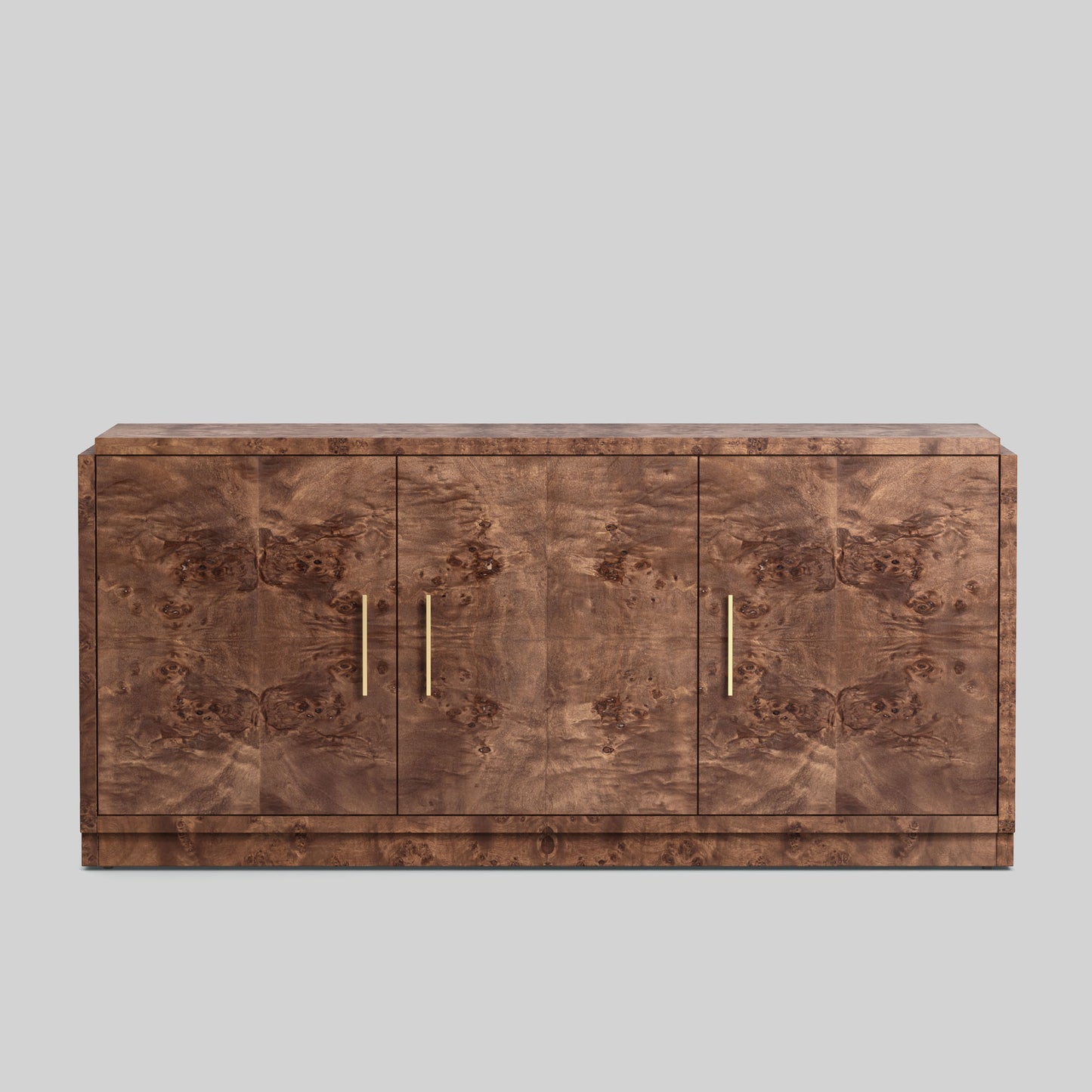 Dark burl wood sideboard on gray background.