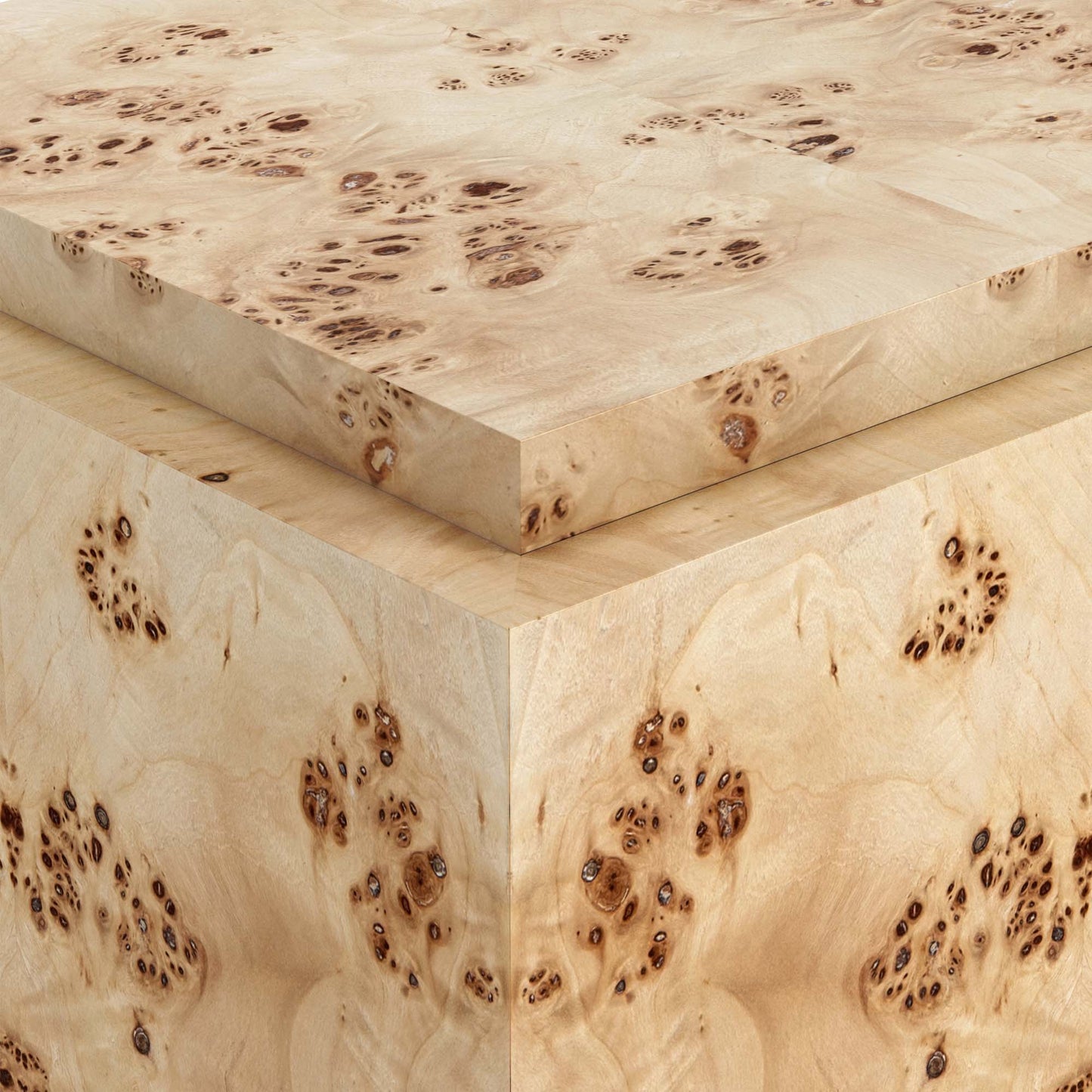 Light burl wood plinth side table on gray background.