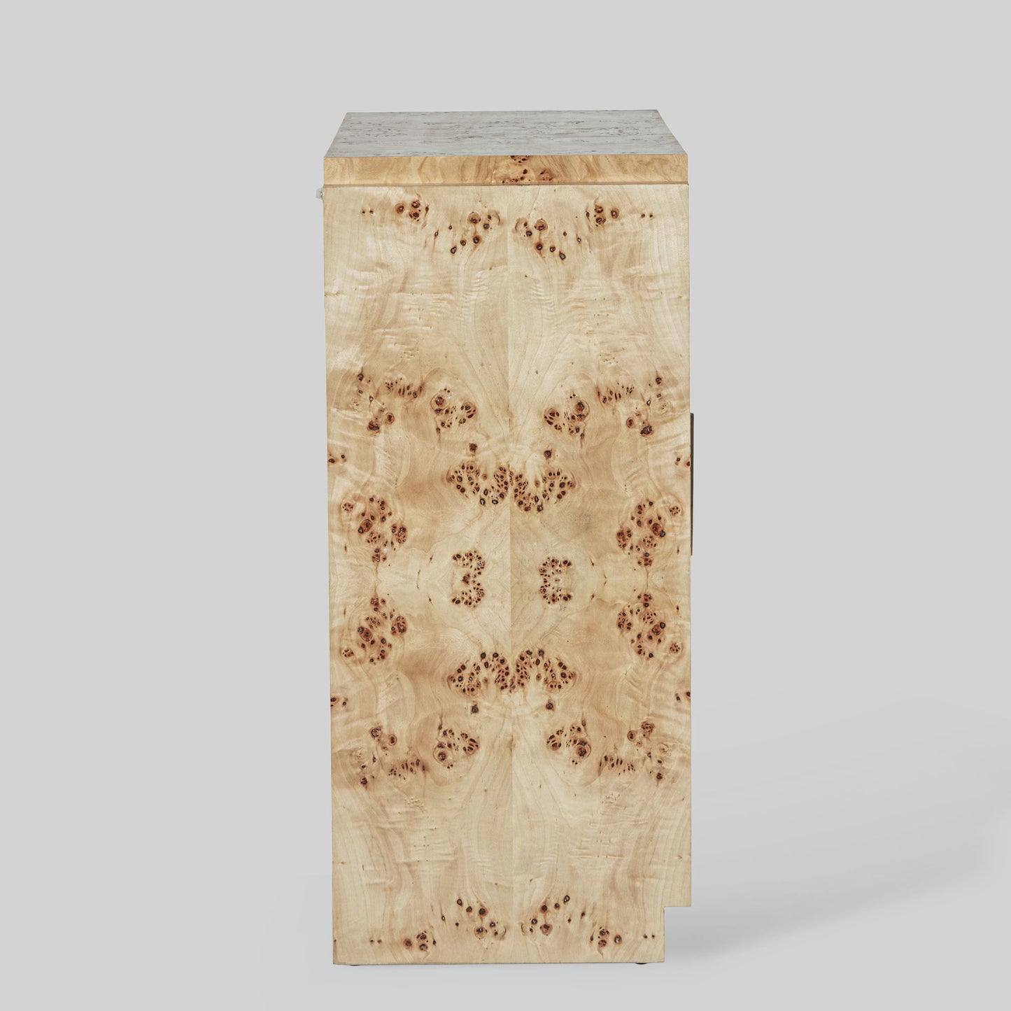 Light burl wood sideboard table on gray background.