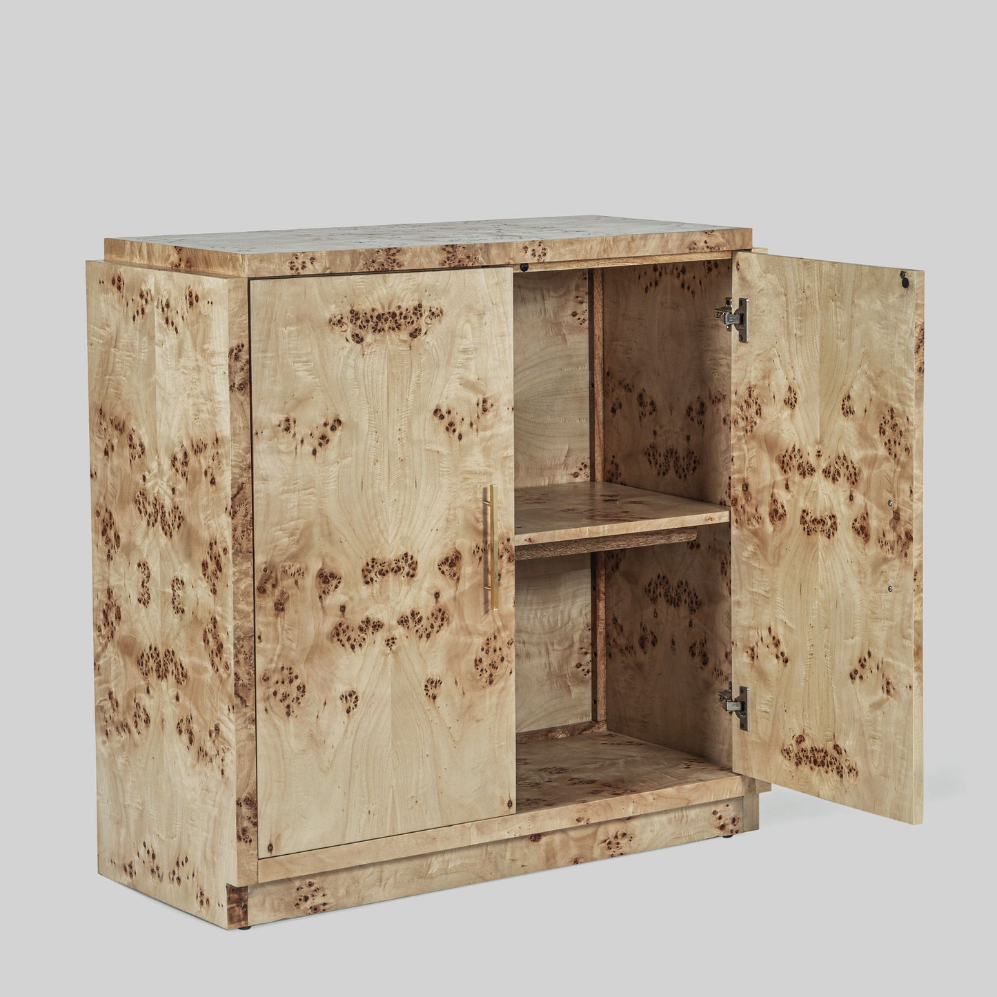 Light burl wood sideboard table on gray background.