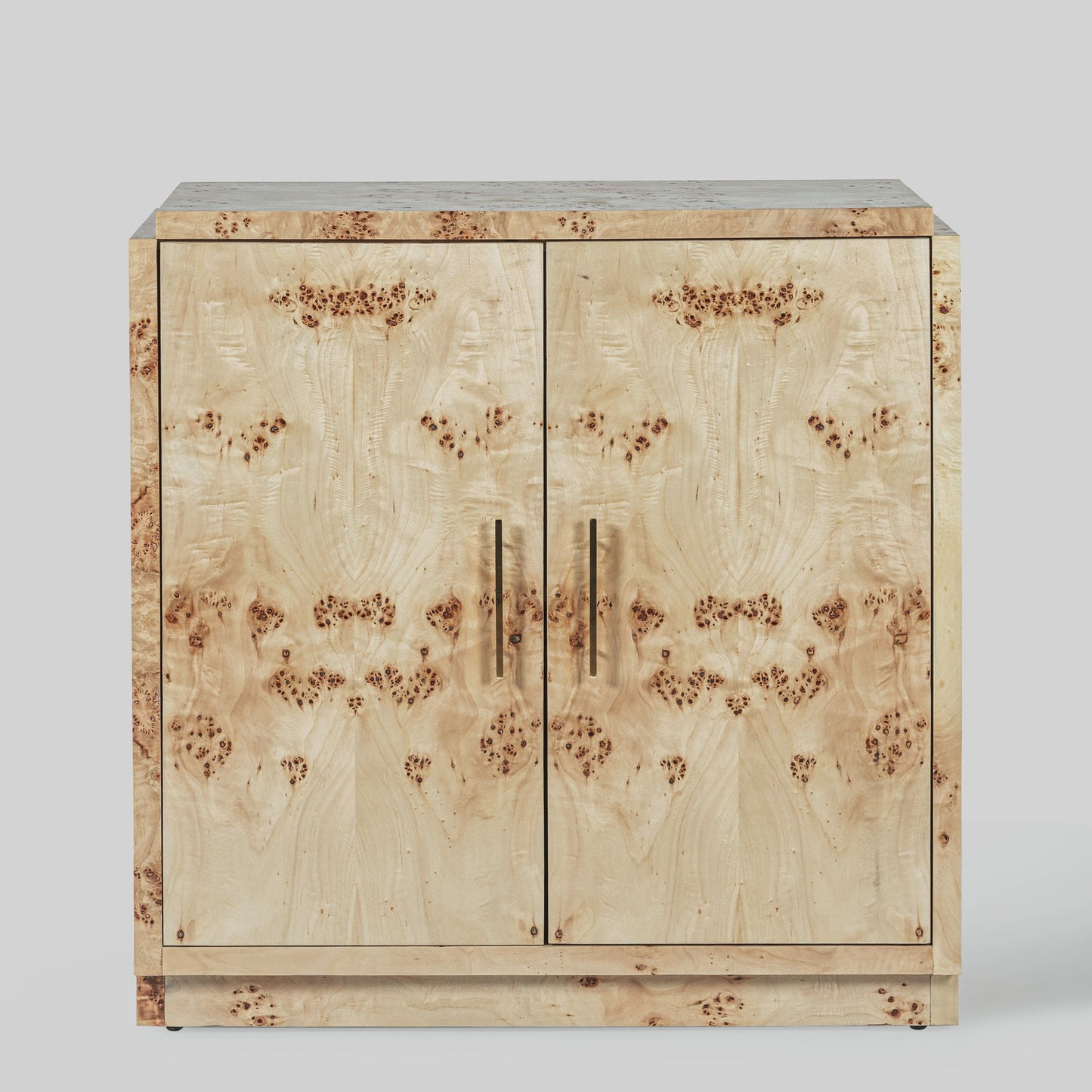 Light burl wood sideboard table on gray background.