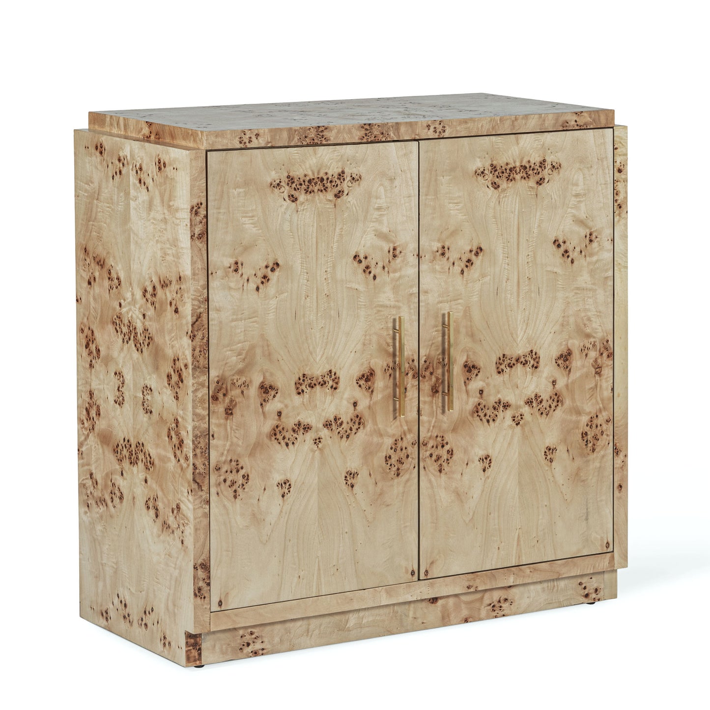 Light burl wood sideboard table on gray background.
