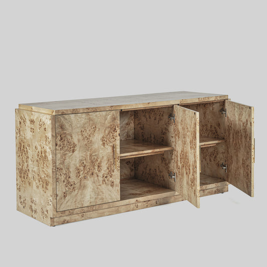 Light burl wood sideboard on gray background.