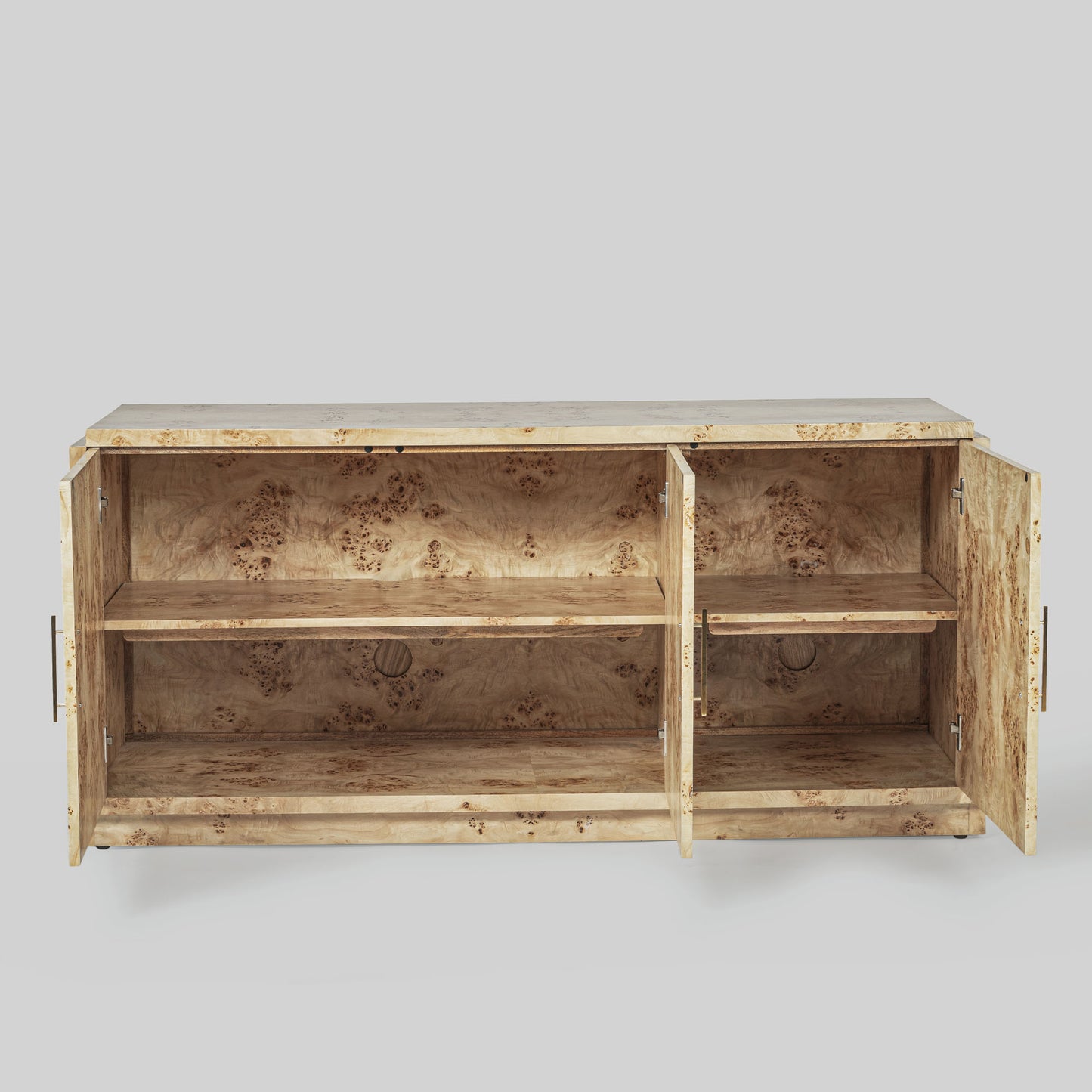 Light burl wood sideboard on gray background.