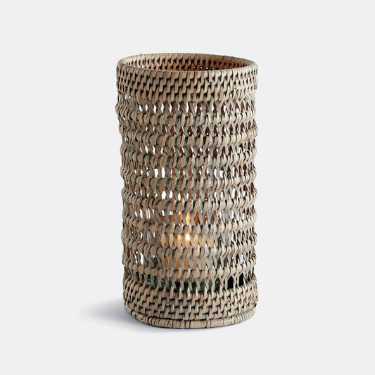 Gray rattan hurricane candle holder - stylish home accent (Image1).