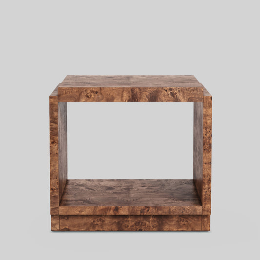 Dark burl wood side table on gray background.