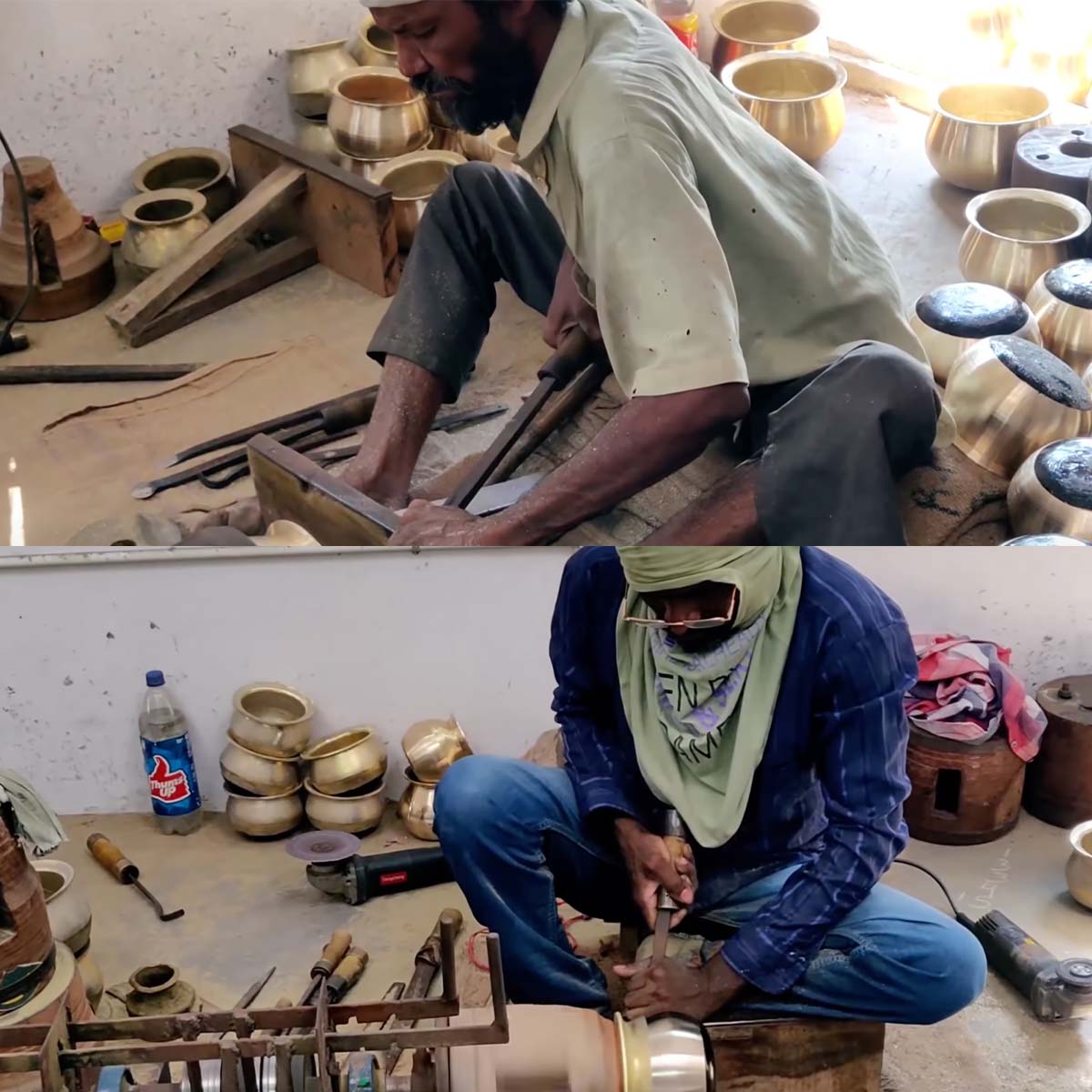 Metal artisans in Moradabad scraping metal bowls.