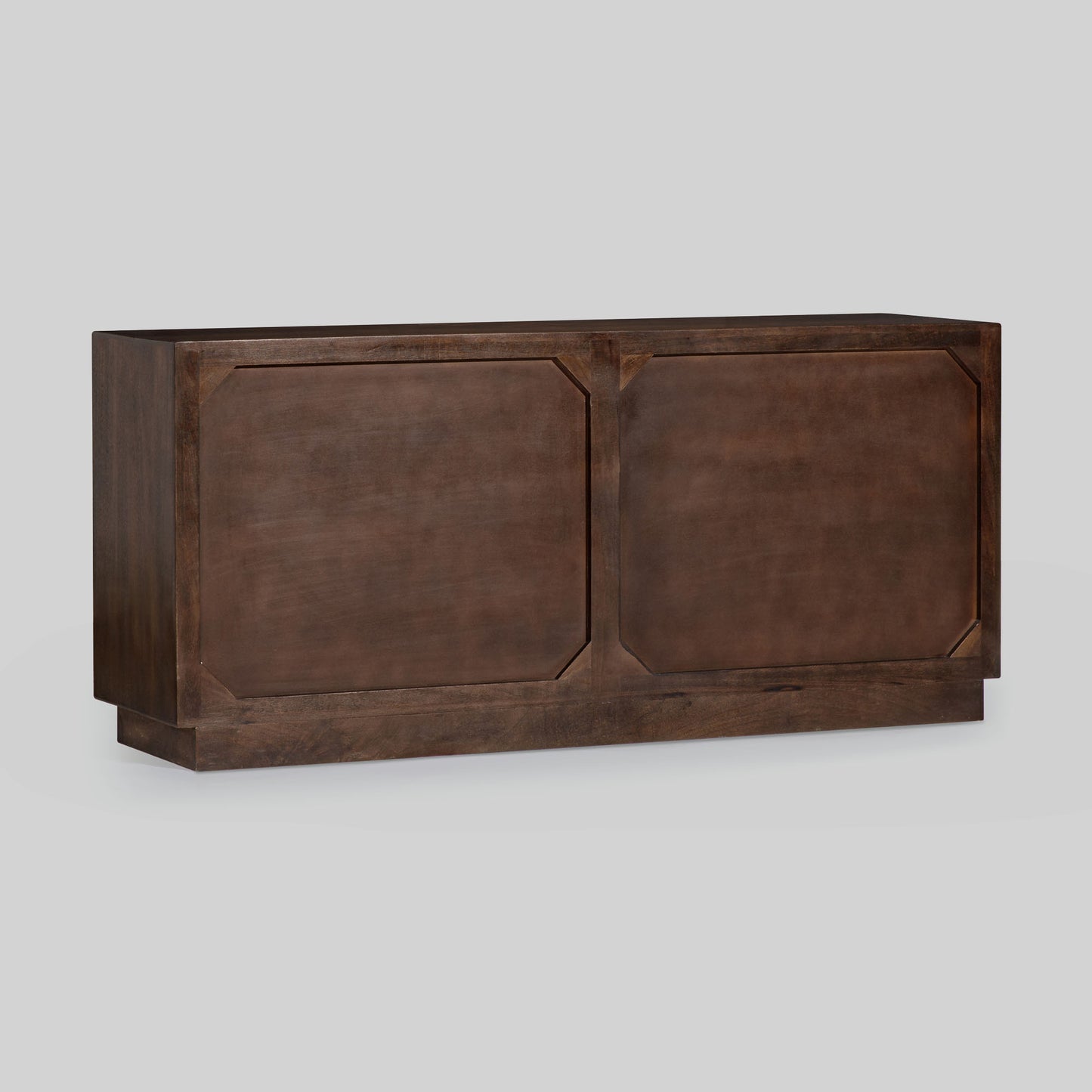 Wooden sideboard with four arched doors featuring a textured rattan design on a gray background.
