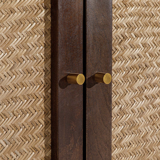 Wooden sideboard with four arched doors featuring a textured rattan design on a gray background.