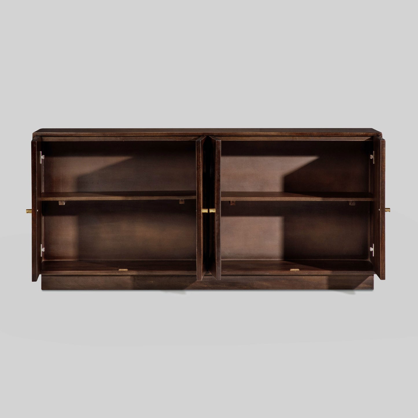 Wooden sideboard with four arched doors featuring a textured rattan design on a gray background.