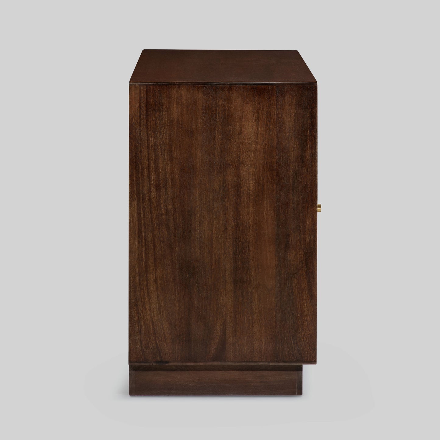 Wooden sideboard with four arched doors featuring a textured rattan design on a gray background.
