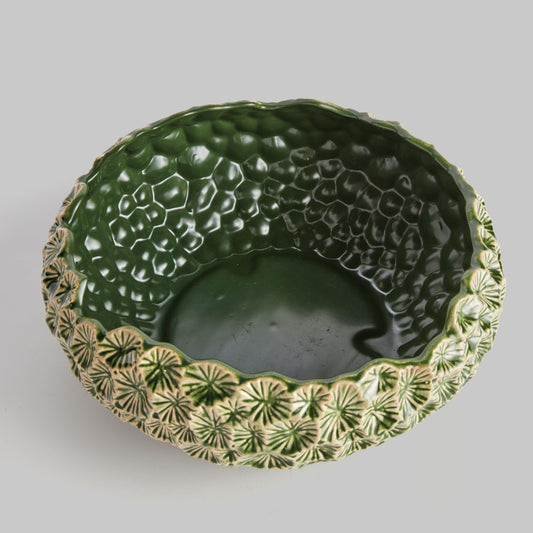 Large green floral embossed reactive glaze stoneware bowl - stylish home accent (Image2).