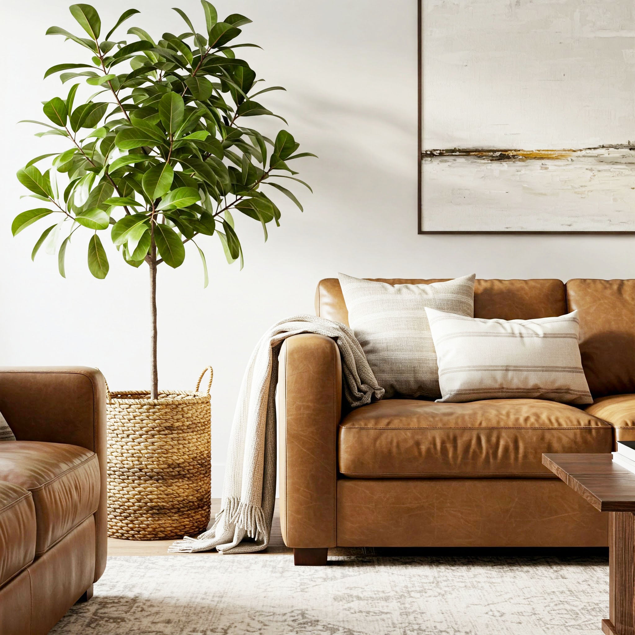 Stylized living room with leather sofas, potted plant in woven basket, with artwork.