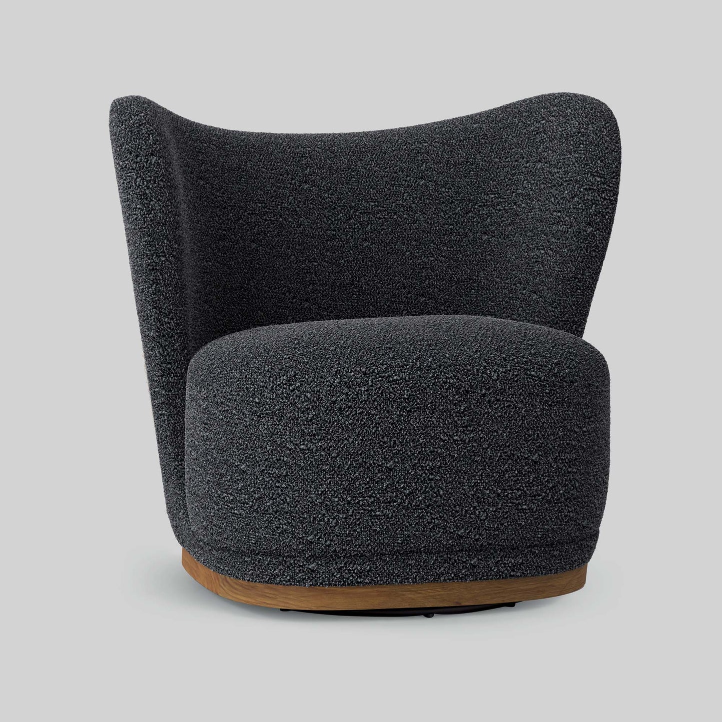 Dark gray boucle fabric lounge chair on gray background.