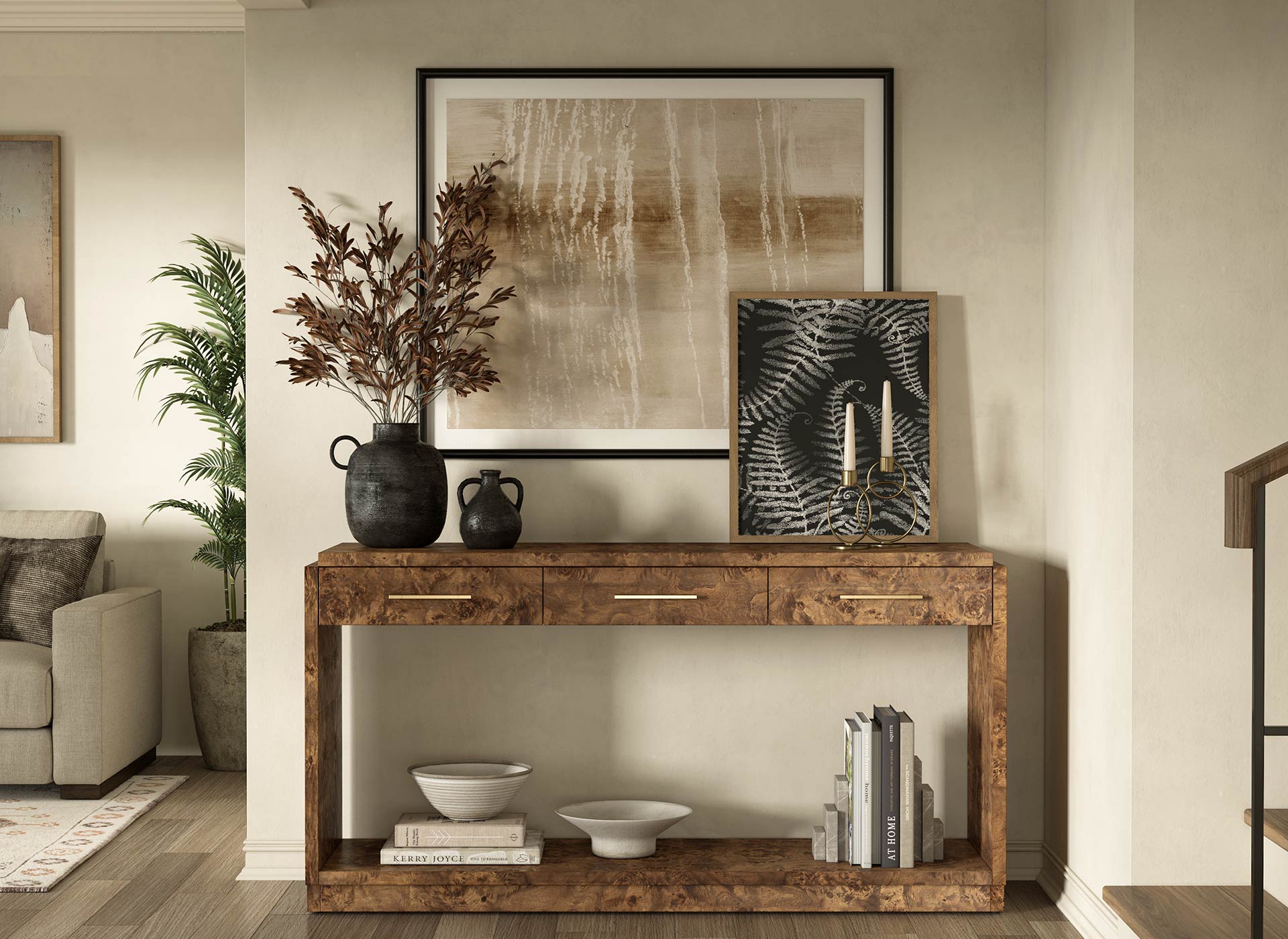 Stylized console table in living room.