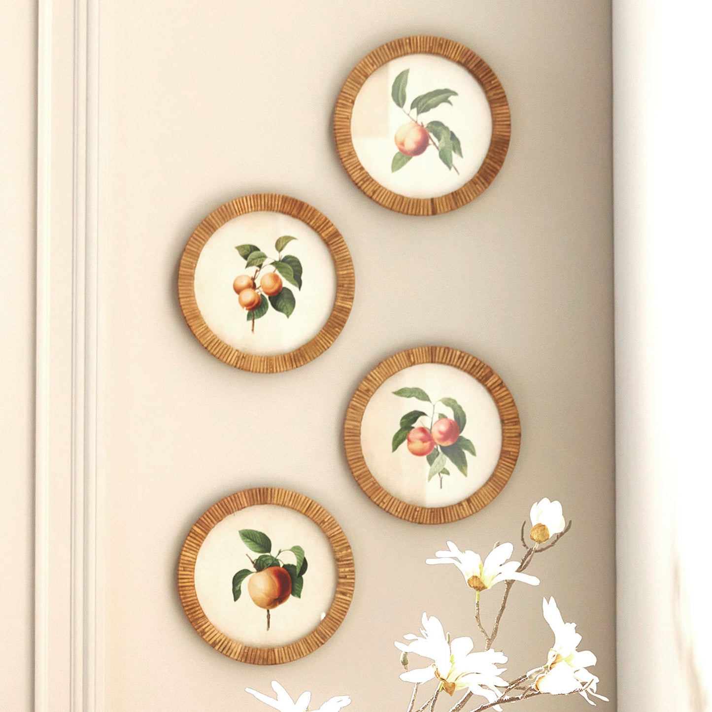 Peach rattan wrapped round framed prints (set of 4) - stylish home accent (Image2).