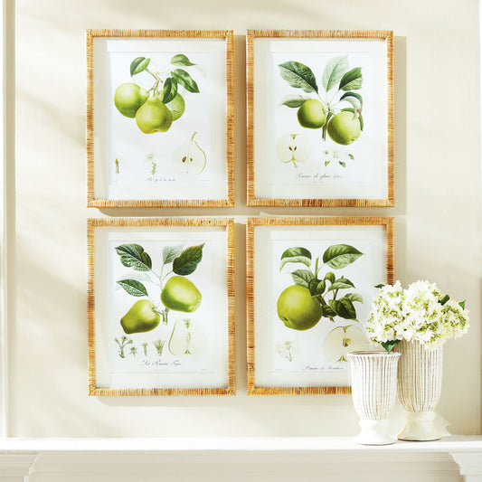 Pears and apples gallery wall art set stylized over console table with vases.