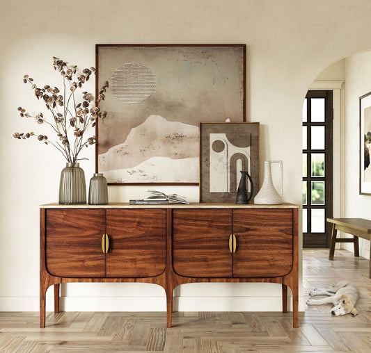 Wood sideboard with travertine stone top stylized in living room.