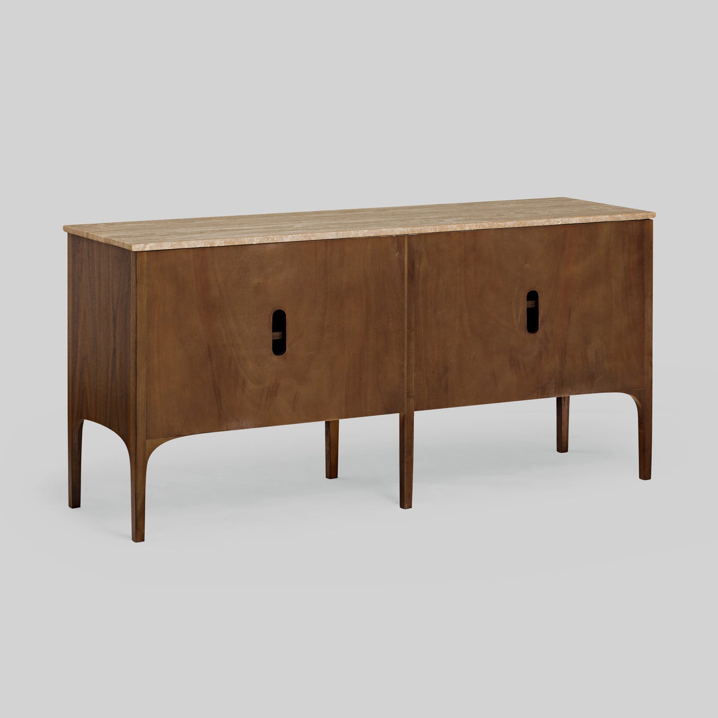 Wood sideboard with travertine stone top on light gray background.
