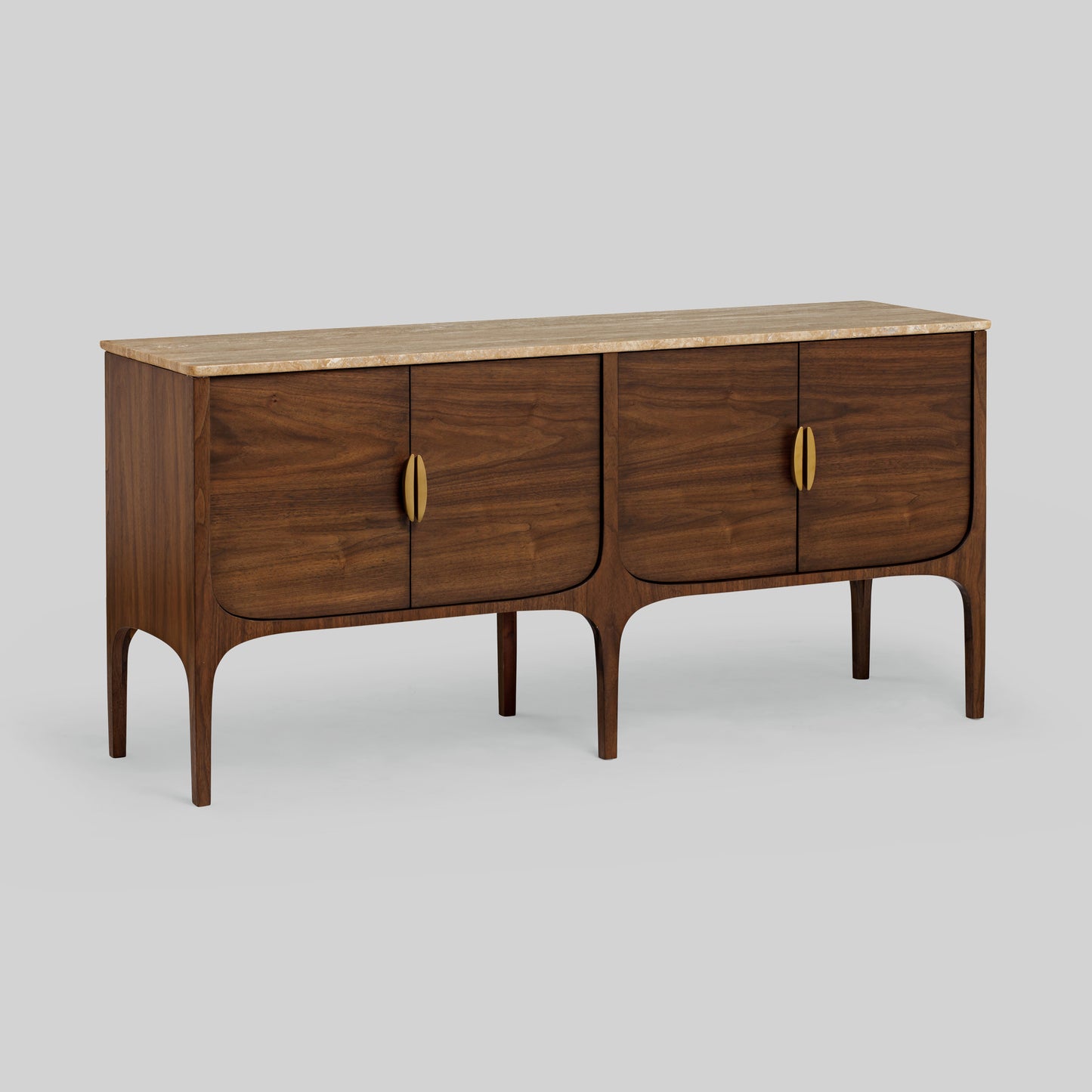 Wood sideboard with travertine stone top on light gray background.