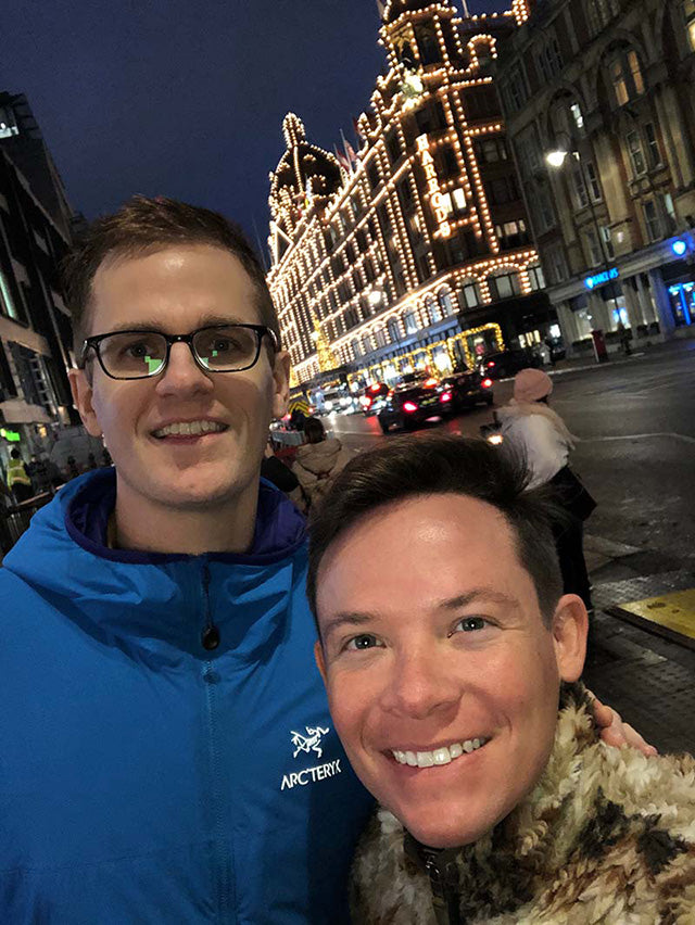 Jeffrey and Adam in fron tof Harrods in London.