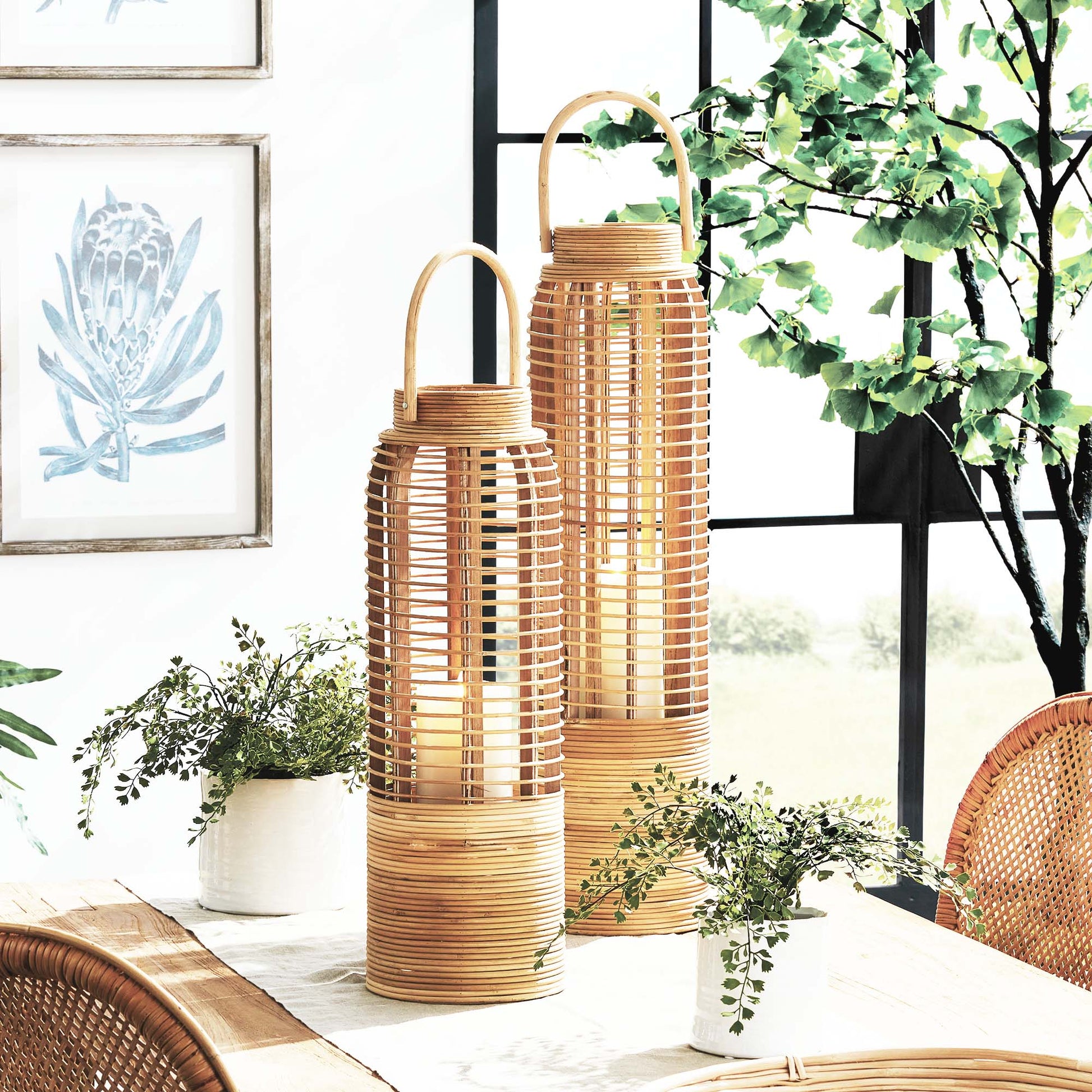 Small and large rattan cylinder lanterns stylized on table with plants.