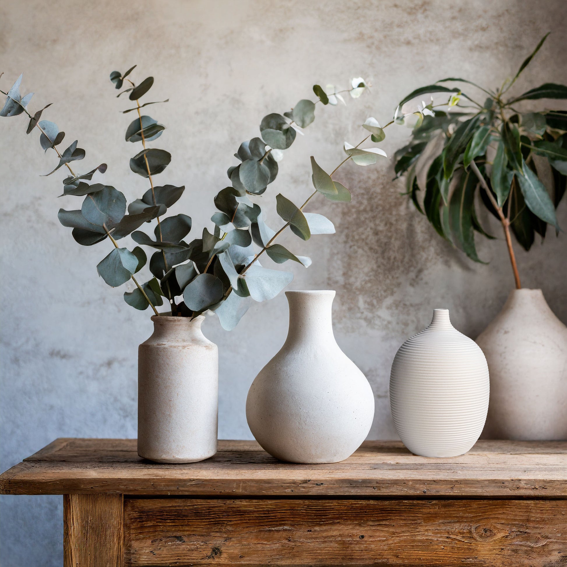 Ribbed white ceramic vase on table with ceramic vases filled with botanicals.