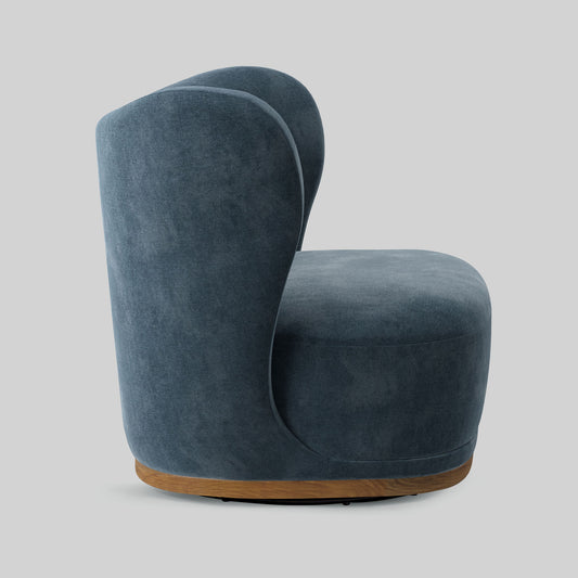 Blue swivel chair with wooden base on a light gray background.