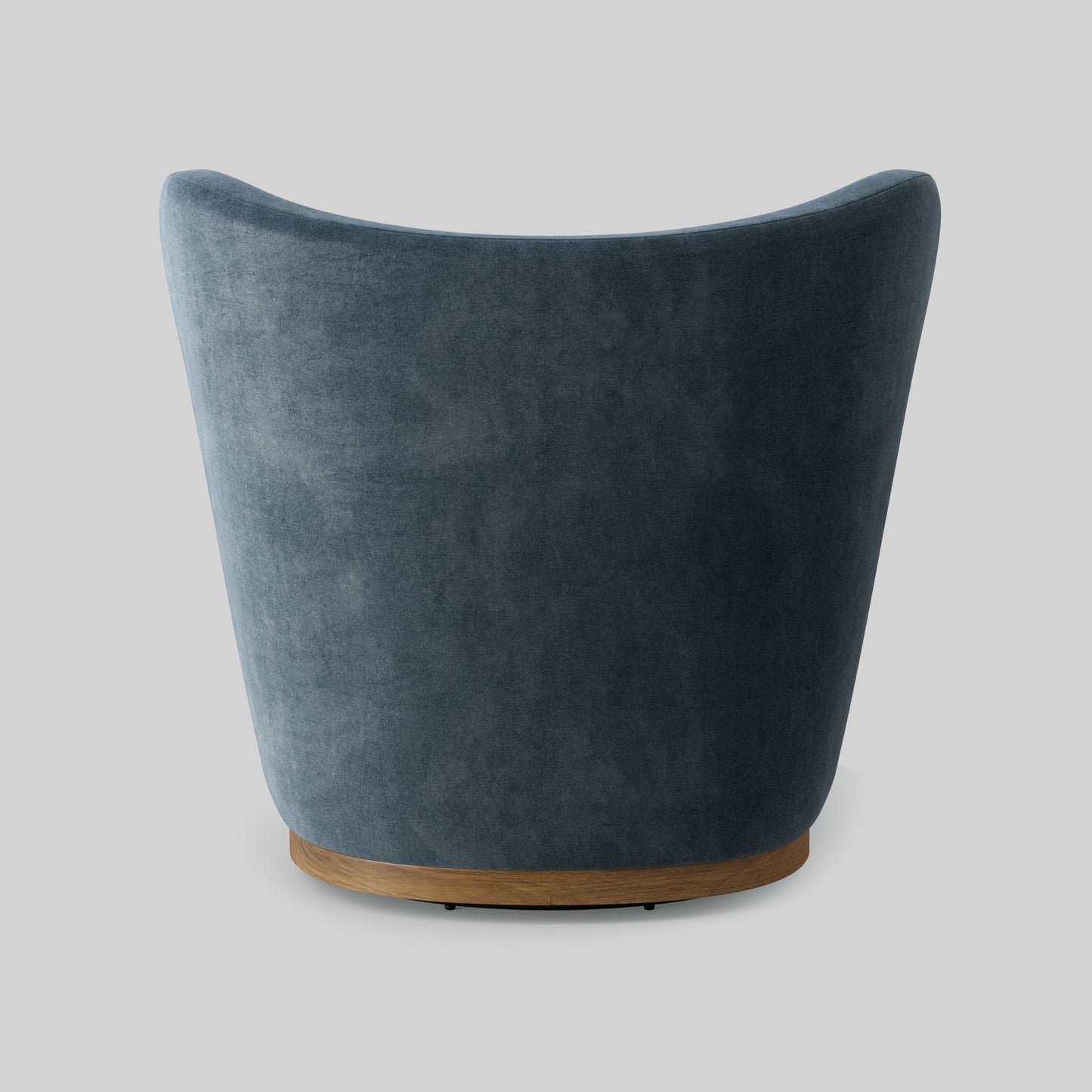 Blue swivel chair with wooden base on a light gray background.