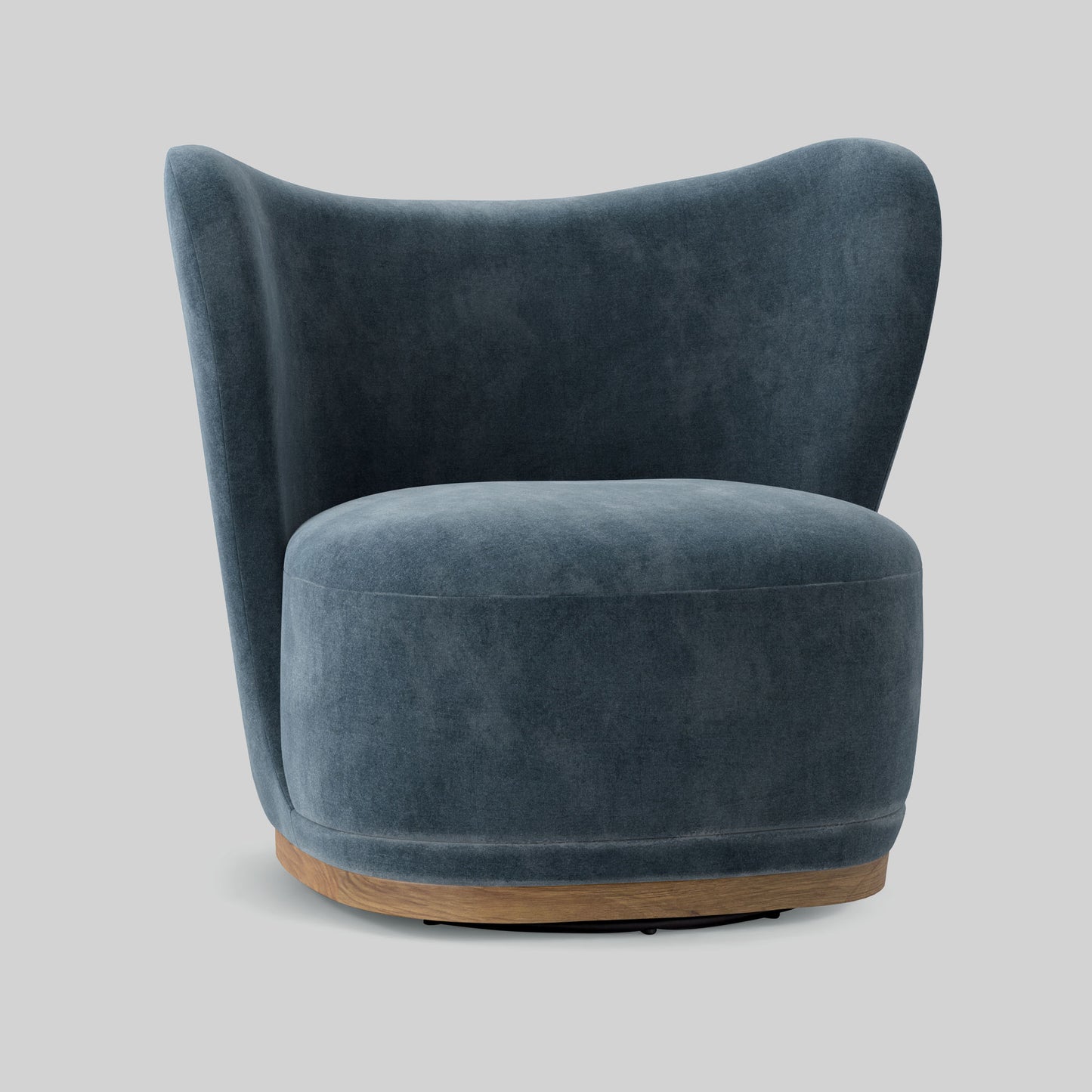 Blue swivel chair with wooden base on a light gray background.